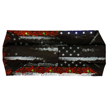 Back view of the stretch headband showing the continuation of the flag and rose design.