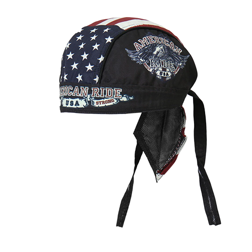 Head wrap with American flag design and 'American Ride' text.