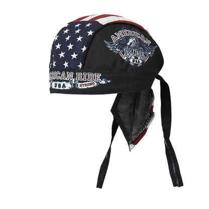 Head wrap with American flag design and 'American Ride' text.