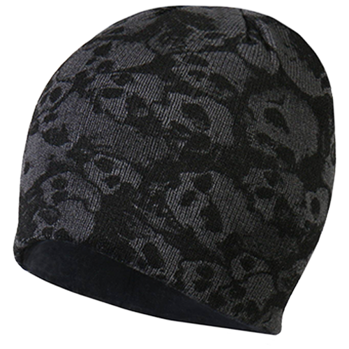 Black beanie with skull pattern.