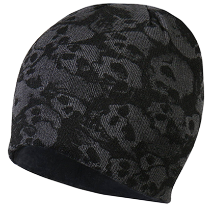 Black beanie with skull pattern.