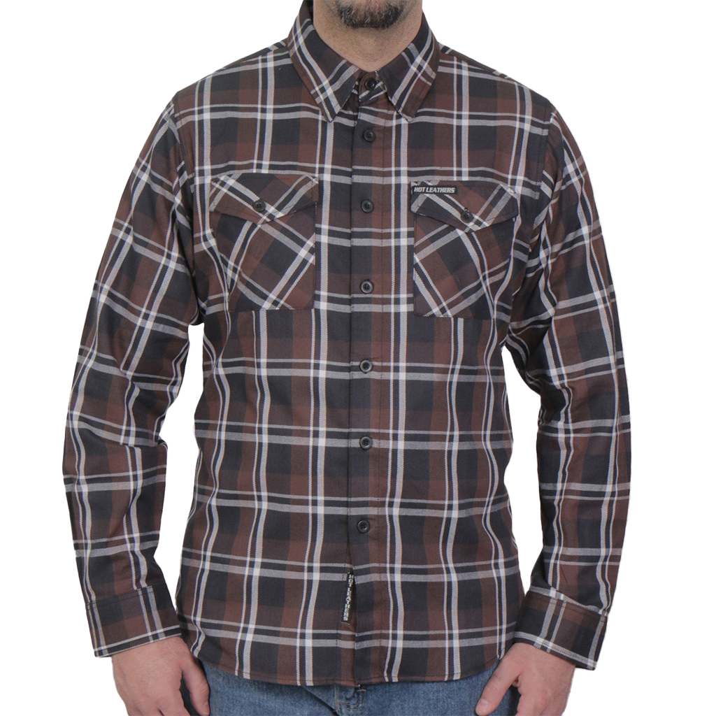 Front of Ash Run brown, black and white men’s plaid flannel