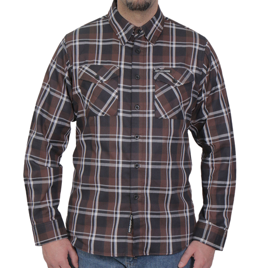 Front of Ash Run brown, black and white men’s plaid flannel