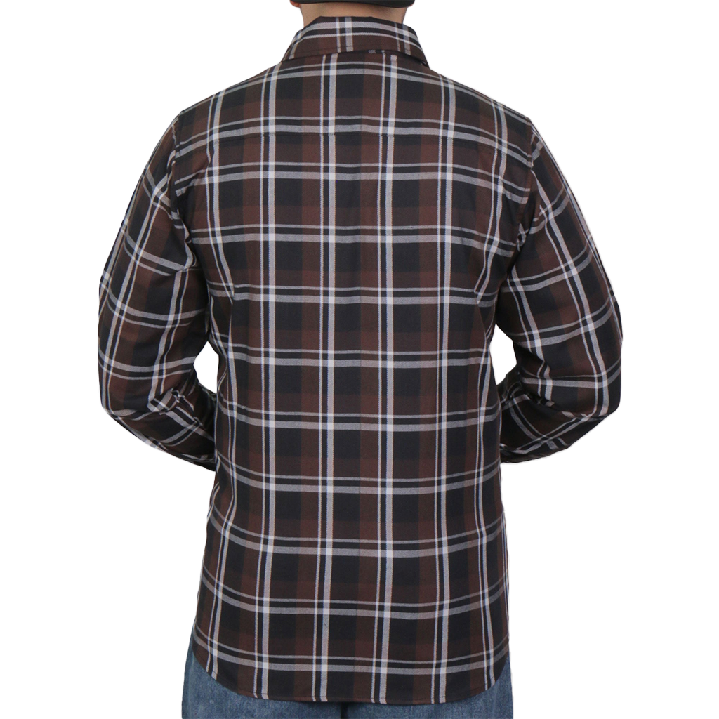 Back of Ash Run brown, black and white long-sleeve flannel