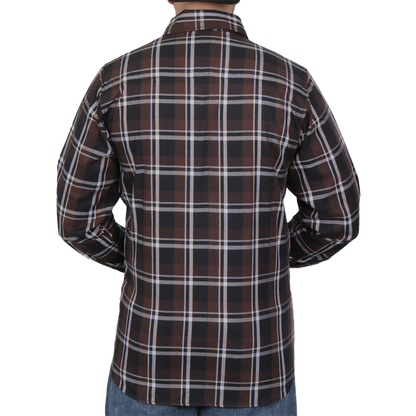 Back of Ash Run brown, black and white long-sleeve flannel
