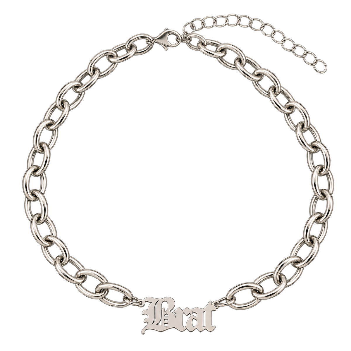 A silver-tone chain necklace with a gothic-style 'Brat' initial pendant