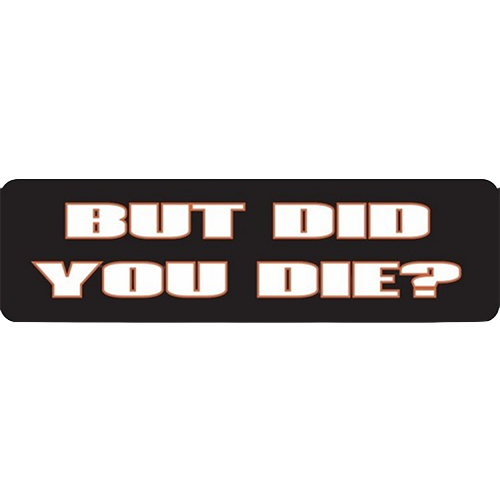 A black helmet sticker with the text 'BUT DID YOU DIE?' in white and orange capital letters.