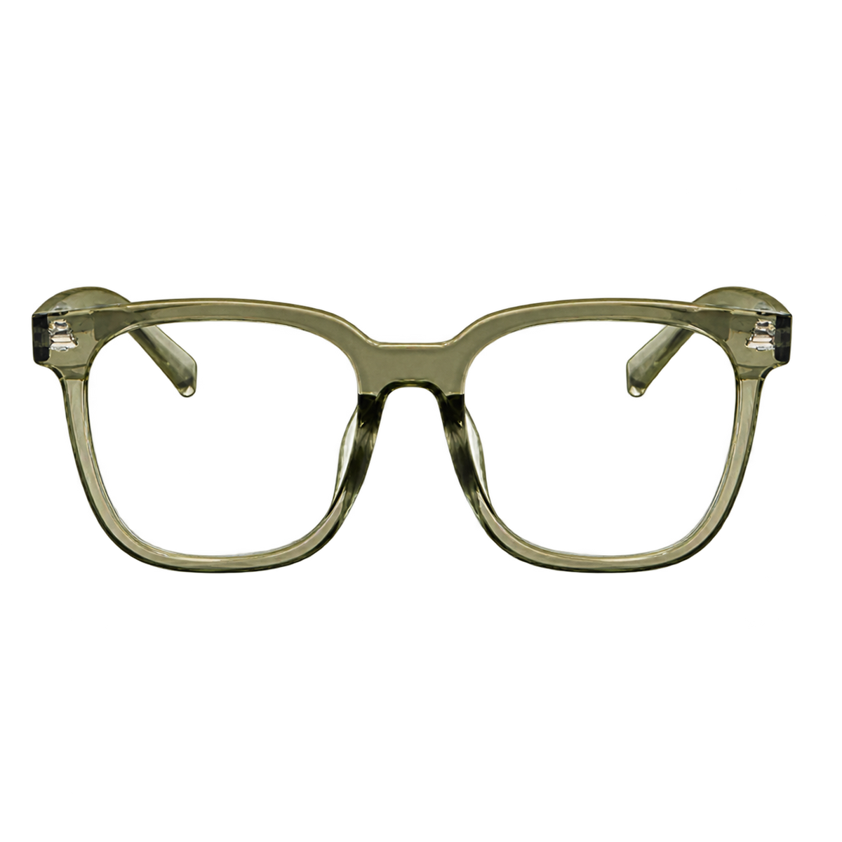Backwoods translucent olive-green square-frame glasses with clear lenses shown from the front