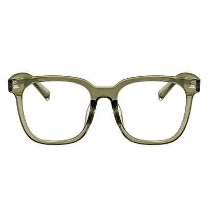 Backwoods translucent olive-green square-frame glasses with clear lenses shown from the front