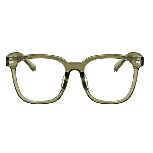 Backwoods translucent olive-green square-frame glasses with clear lenses shown from the front