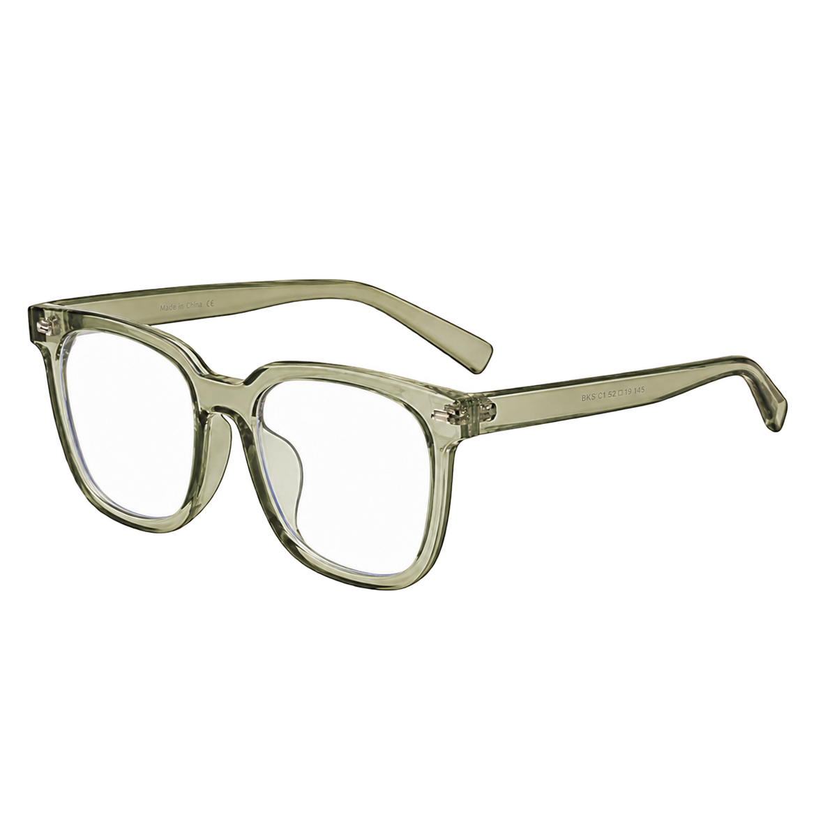 Backwoods translucent olive-green clear lens glasses shown from an angled side view