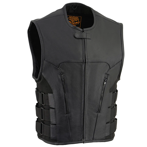 Men's black Basher club style leather motorcycle vest with concealed carry pockets and adjustable side straps.