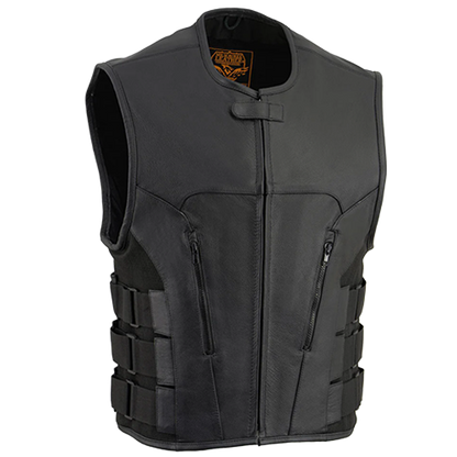 Men's black Basher club style leather motorcycle vest with concealed carry pockets and adjustable side straps.