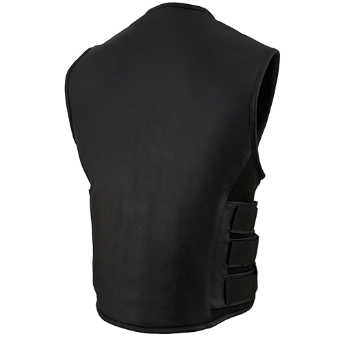 Black SWAT-style leather vest with collarless design, front zipper, and patch-ready back panel.
