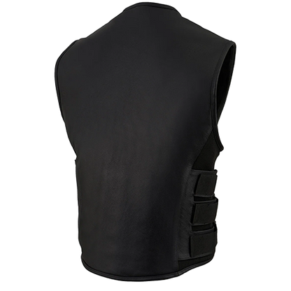 Black SWAT-style leather vest with collarless design, front zipper, and patch-ready back panel.