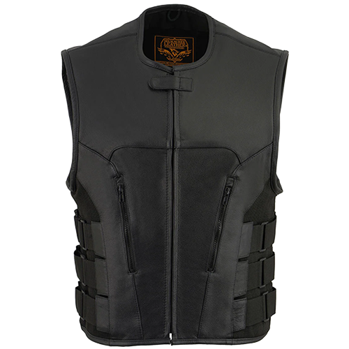 Club style black leather motorcycle vest with triple side straps and single panel back for patches.