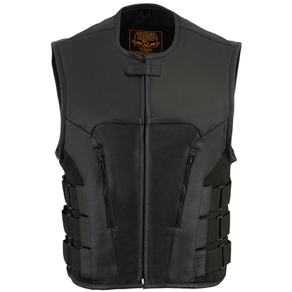 Club style black leather motorcycle vest with triple side straps and single panel back for patches.