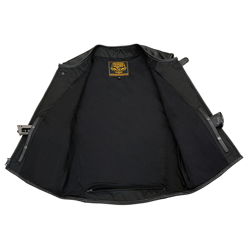 Premium men's leather biker vest with mesh liner, YKK zippers, and concealed carry storage.