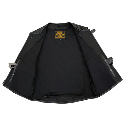 Premium men's leather biker vest with mesh liner, YKK zippers, and concealed carry storage.