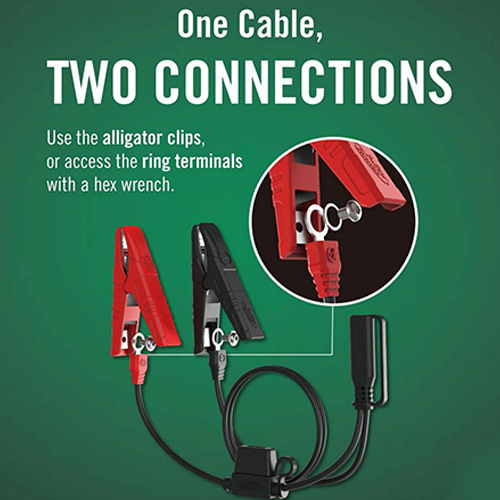 Jump starter cable with alligator clips and ring terminals on a green background