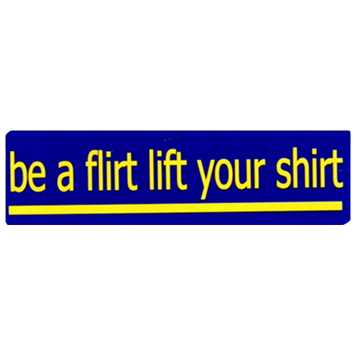 Blue helmet sticker with yellow text reading Be A Flirt Lift Your Shirt.