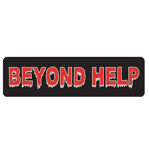 Black helmet sticker with red dripping text reading Beyond Help in 3.5 by 1 inch size