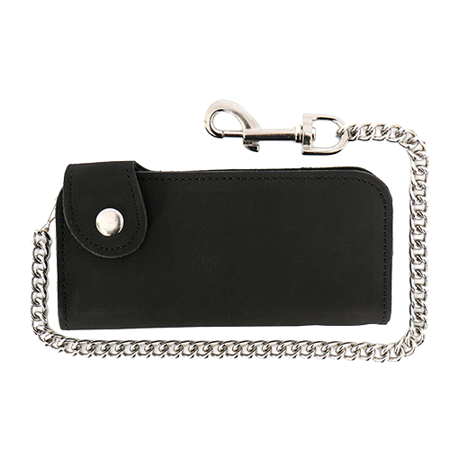 Black wallet with a silver chain.