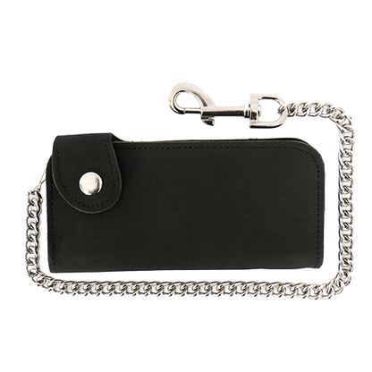 Black wallet with a silver chain.