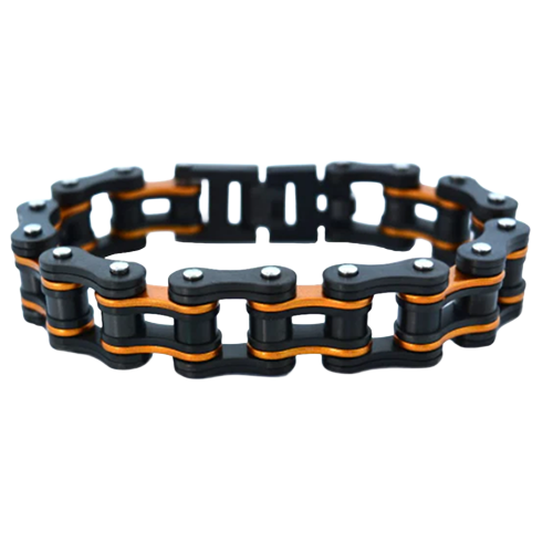 Gunmetal and orange stainless steel motorcycle chain bracelet with 16mm links.