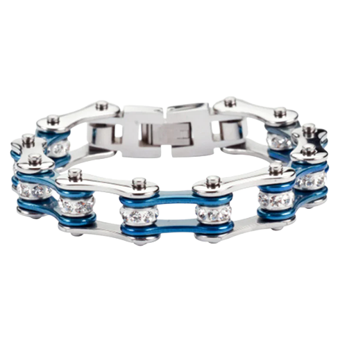 Women's silver stainless steel motorcycle chain bracelet with electric blue accents and crystal center links.