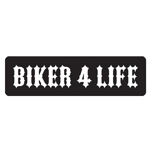 Black helmet sticker with white gothic text reading biker 4 life
