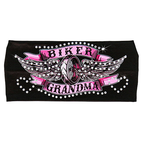 Plain black back of the stretch-fit Biker Grandma headband wrap.