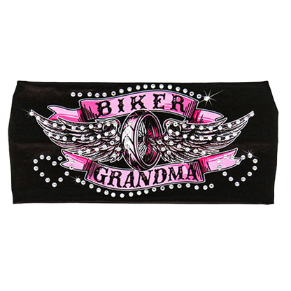 Plain black back of the stretch-fit Biker Grandma headband wrap.