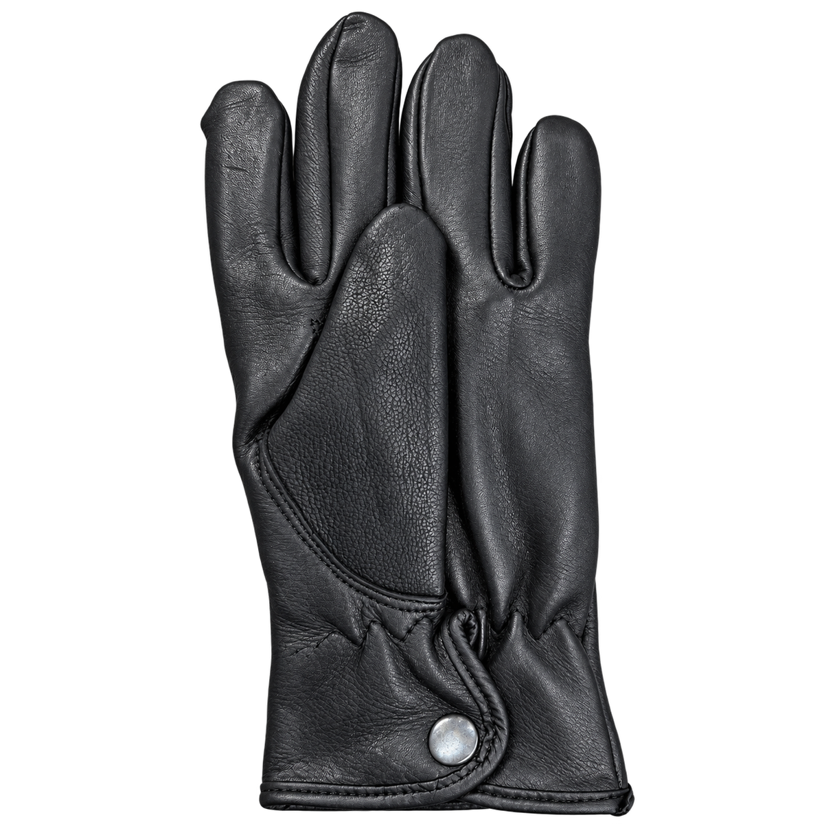 Hard Frost black deerskin glove, palm-side view showing the cinch wrist and silver snap closure