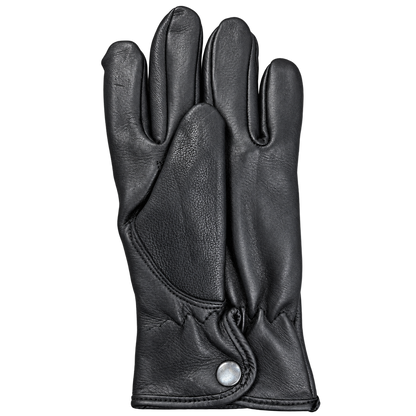 Hard Frost black deerskin glove, palm-side view showing the cinch wrist and silver snap closure