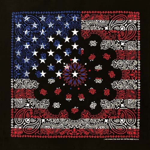 A bandana with a paisley pattern and American flag design in red, white, and blue colors.