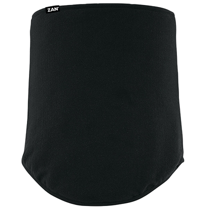 A black fleece lined neck gaiter with a contoured design and a logo visible at the top edge.