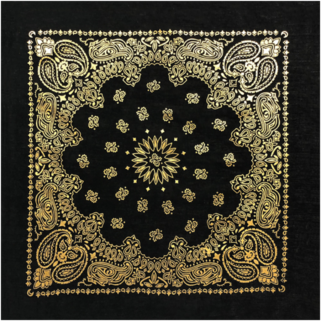 A black bandana with gold metallic paisley patterns and rolled-hem edges.