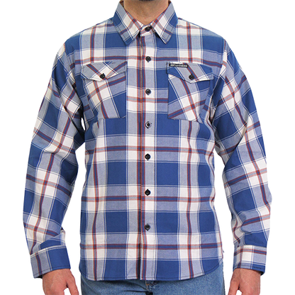 Front of Black Lantern blue, white and red men’s plaid flannel