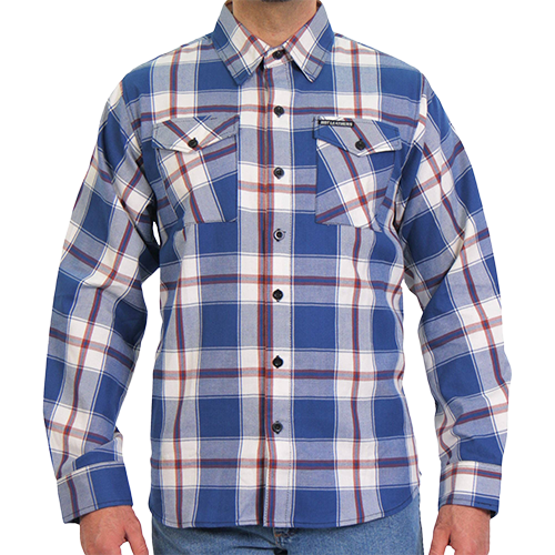 Front of Black Lantern blue, white and red men’s plaid flannel
