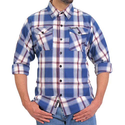 Black Lantern blue, white and red plaid flannel shown with the sleeves rolled up