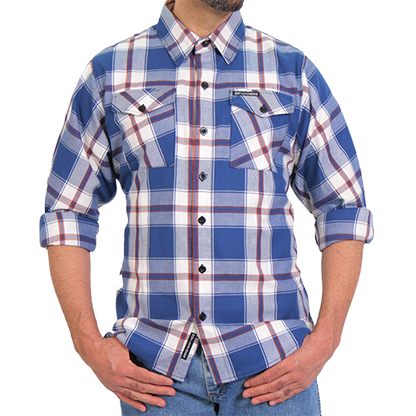 Black Lantern blue, white and red plaid flannel shown with the sleeves rolled up
