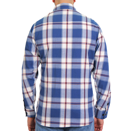 Back of Black Lantern blue, white and red long-sleeve flannel