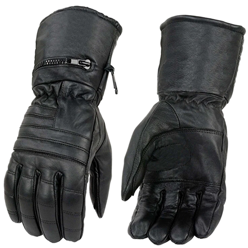 Front and back views of black leather thermal gauntlet motorcycle gloves with zippered rain-mitten storage pockets in the cuffs.