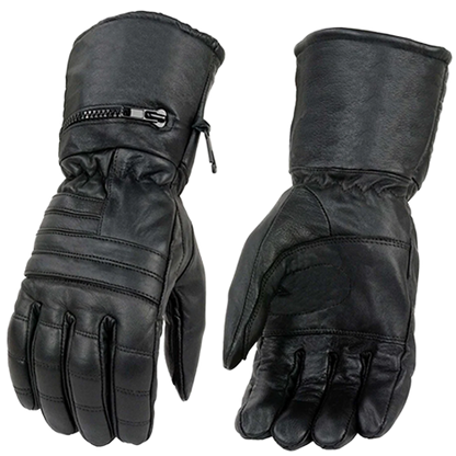 Front and back views of black leather thermal gauntlet motorcycle gloves with zippered rain-mitten storage pockets in the cuffs.