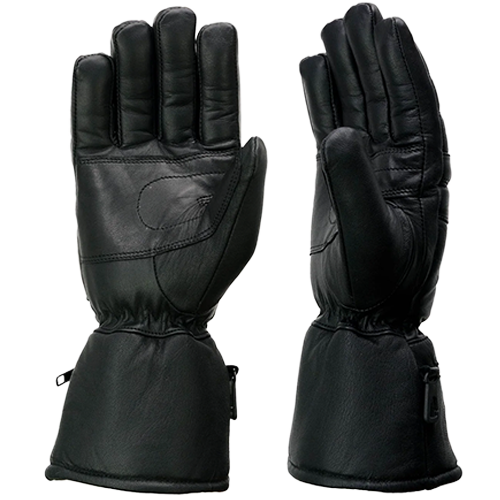 Palm views of black cowhide gauntlet motorcycle gloves showing reinforced grip panels and extended cuffs.