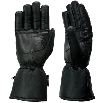 Palm views of black cowhide gauntlet motorcycle gloves showing reinforced grip panels and extended cuffs.
