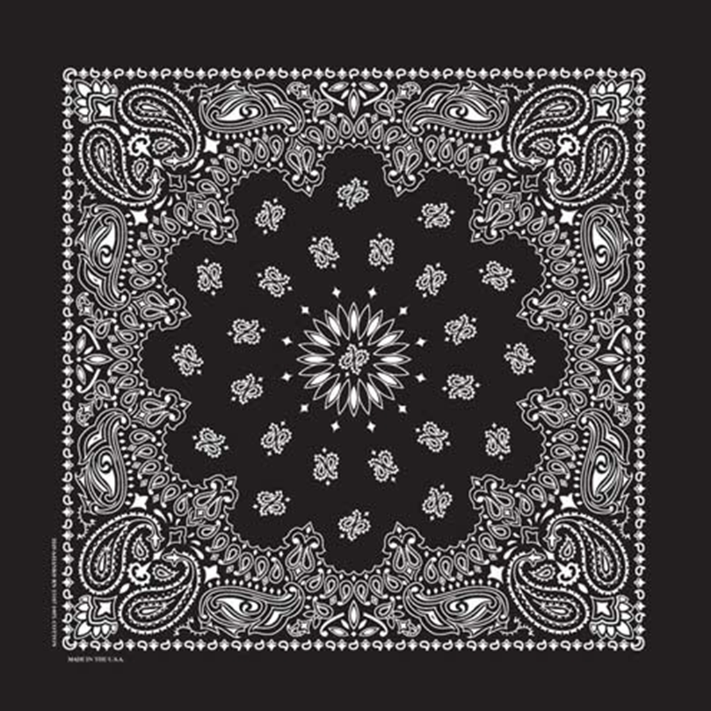 A black paisley bandana with intricate white patterns, displaying a traditional bandana design.