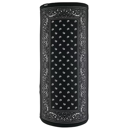 A black paisley patterned tube-shaped headgear, likely made from a blend of polyester and elastane, displayed against a plain background.