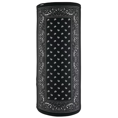 A black paisley patterned tube-shaped headgear, likely made from a blend of polyester and elastane, displayed against a plain background.